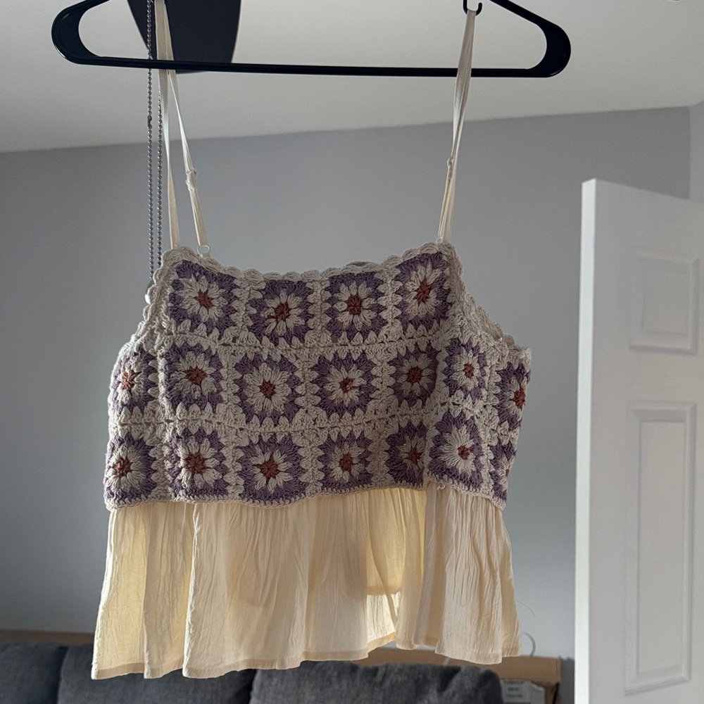 Bohemian Crochet Patchwork Cami - Cream and Purple